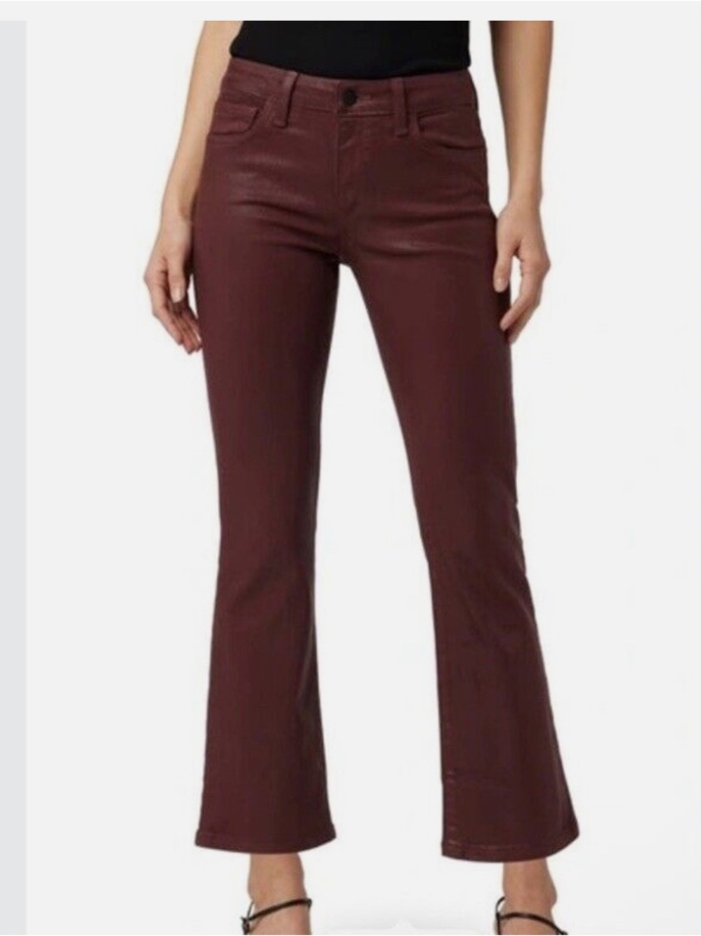 Joe's Jeans Size 23 MidRise Coated Marsala Cropped Flare Jeans in Deep Wine